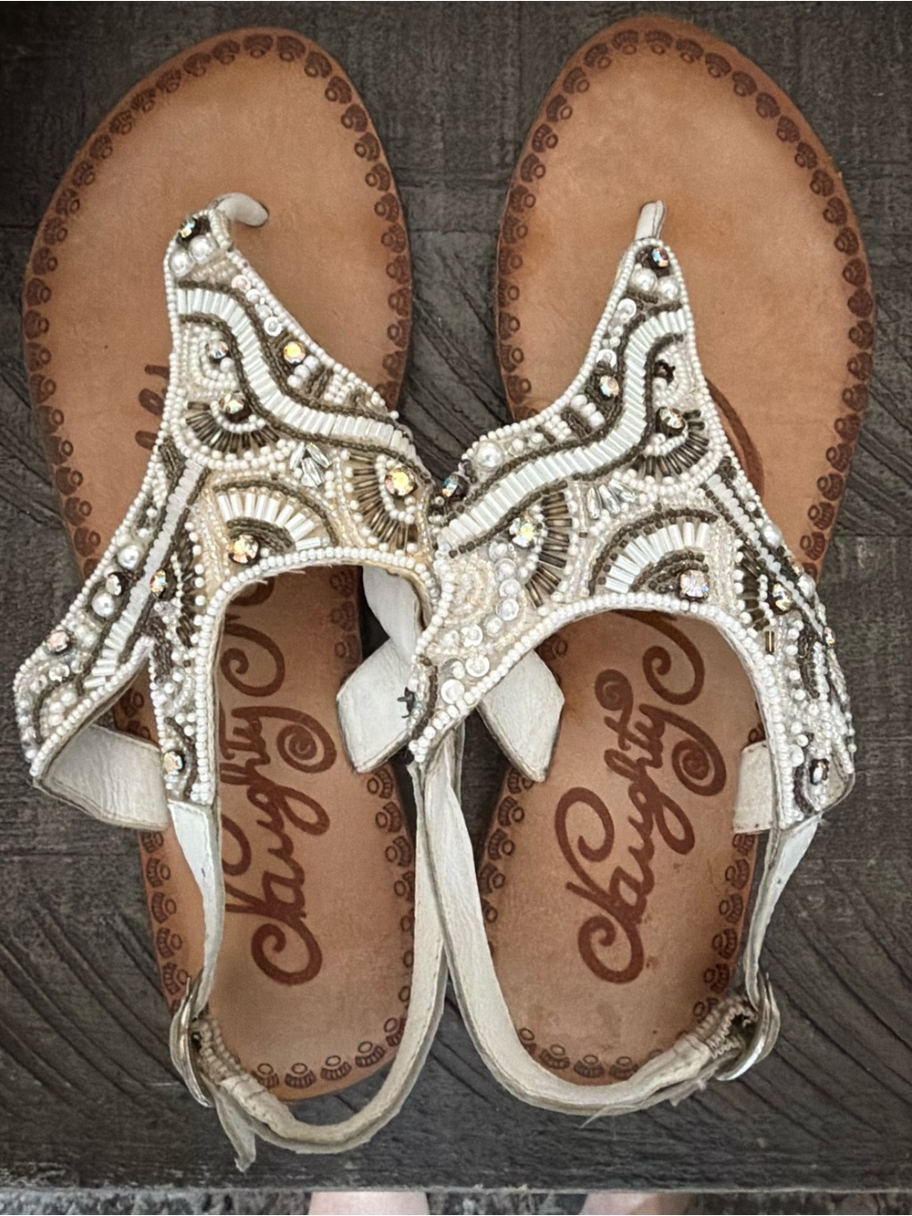 3 pair bundle naughty monkey White Beaded T-Strap Sandals with Rhinestones a